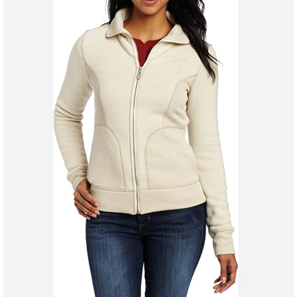 PrAna Tobi Full Zip Sweater Two Tone Cream Beige Pockets Ribbed Knit Women L - Picture 1 of 13